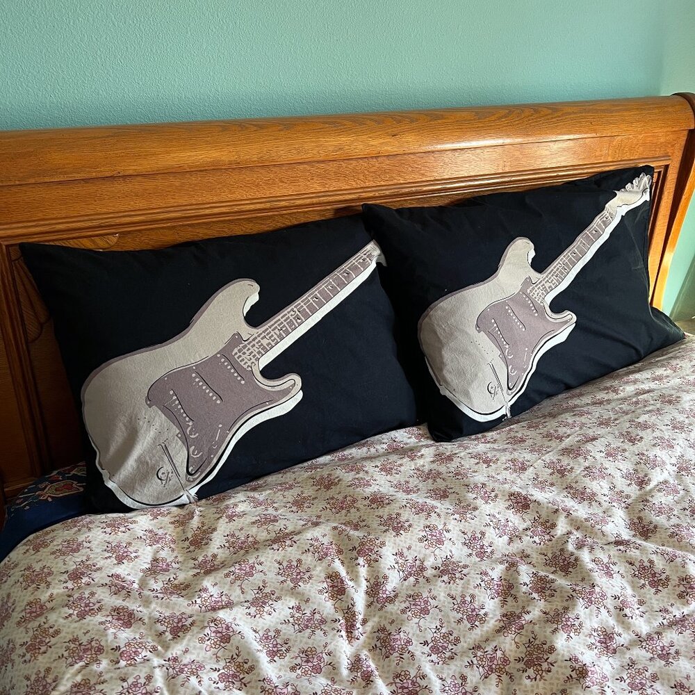 Vintage Pair of Guitar Pillowcases, Super Standard, 100% Cotton, Black